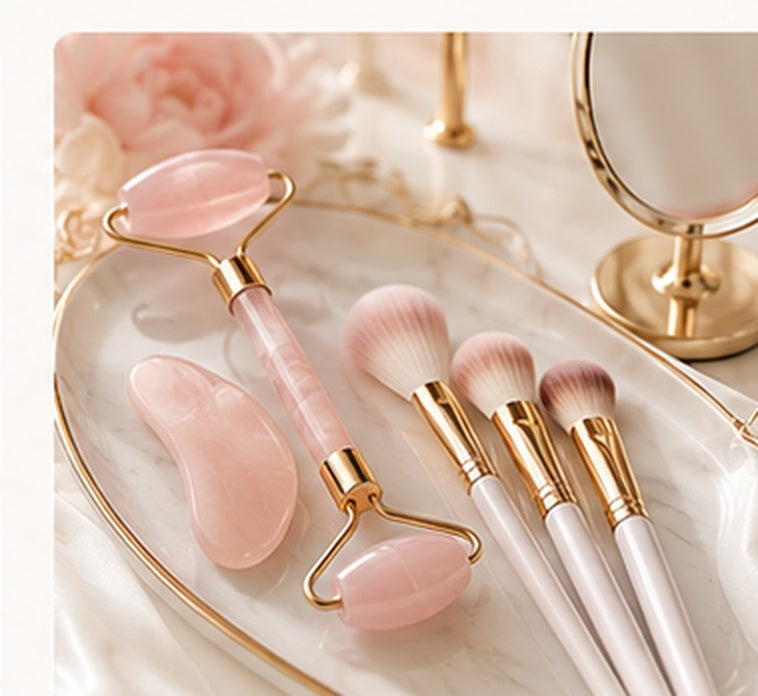 Premium beauty tools including facial roller, gua sha and makeup brushes